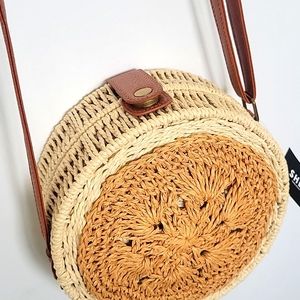 NWT SHEIN Two-tone Tan Round Wicker Crossbody Bag